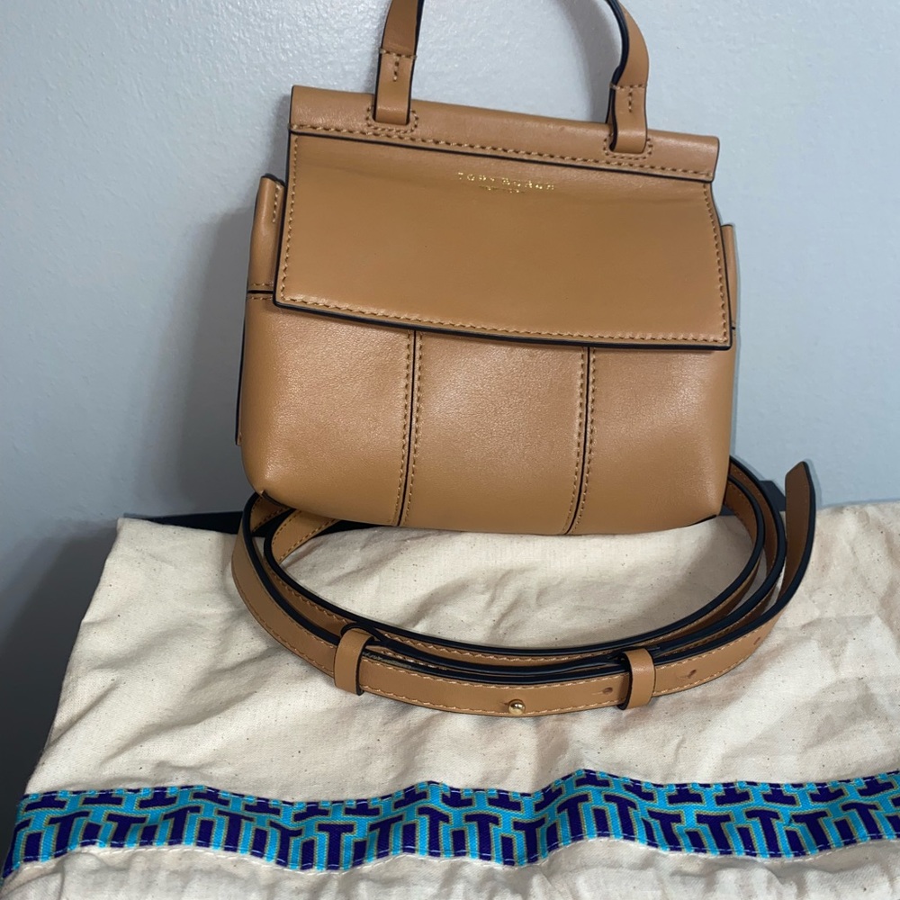 **EUC** Tory Burch Perry “T” Block Mini Satchel **Authentic** Neutral Tan